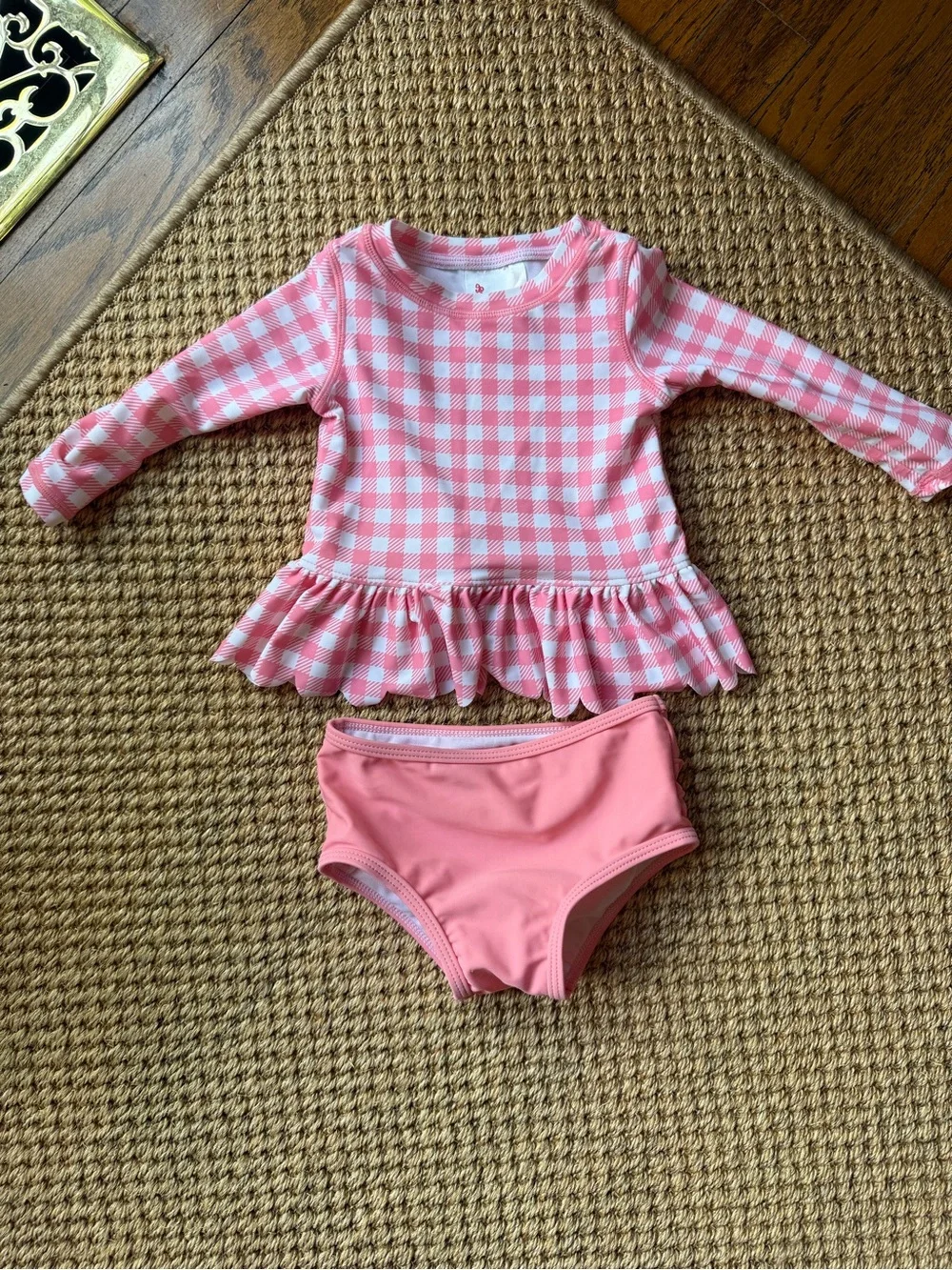 Ruffle Butts Pink Gingham Ruffle Long-Sleeve Swim Set